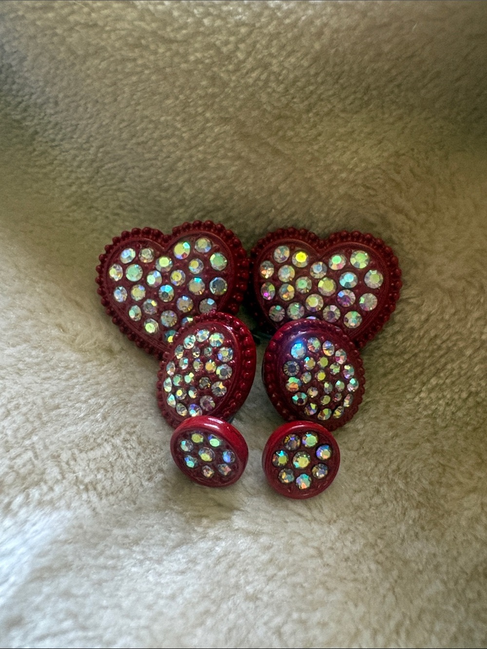 3 pairs Red Crystal Heart & Round Stud Earrings - Sparkling Statement